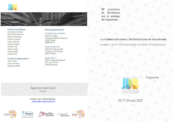 Programme Journées de Bordeaux sur la pratique de l’ergonomie 16, 17, 18 mars 2022 - 1ere et 4e de couverture